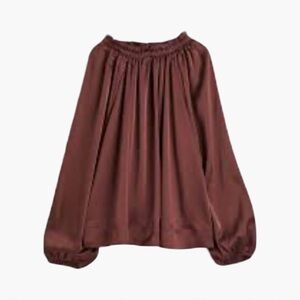 H&M NWT Brown Ballon‎ Sleeved Satin Long Sleeve Ruffle Mock Neck Blouse
